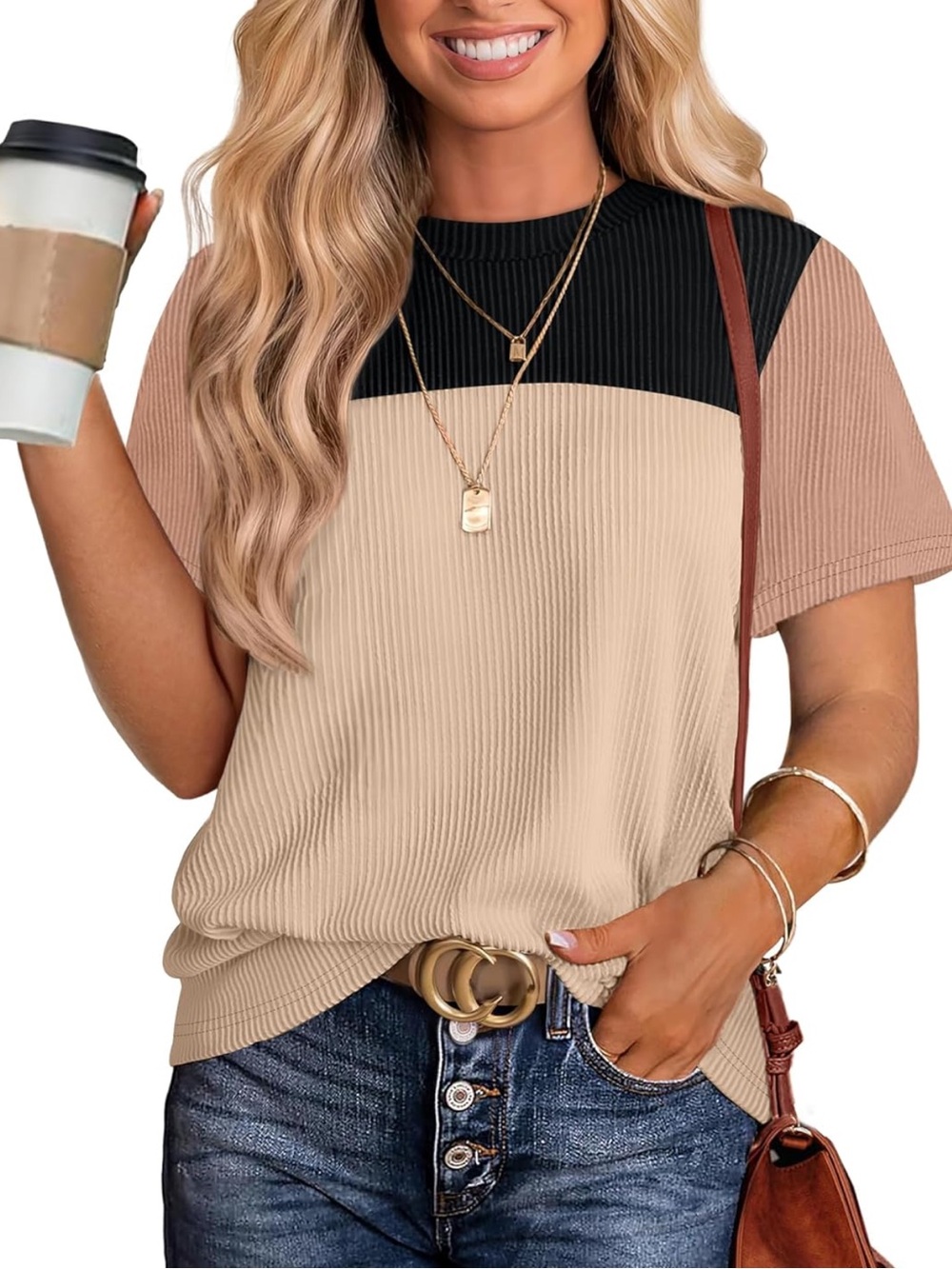 Wiholl Colorblock Ribbed Short Sleeve Top Size XXL